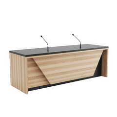 Modern wooden podium with two microphones isolated on transparent background