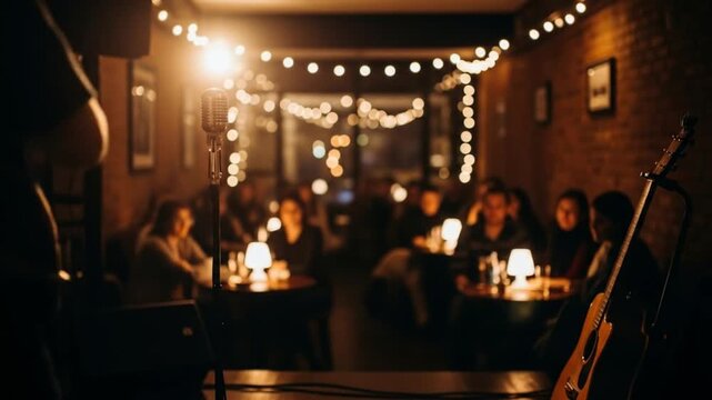 Musicians performing in a dimly lit bar with string lights and patrons enjoying the ambiance.