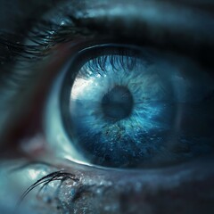 Naklejka premium eye reflecting deep sea, underwater tones inside iris, depth of mind concept