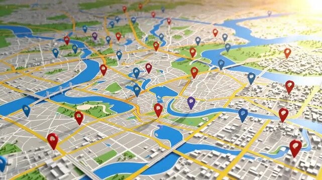 Detailed city map with multiple location pins, perfect for navigation and planning.
