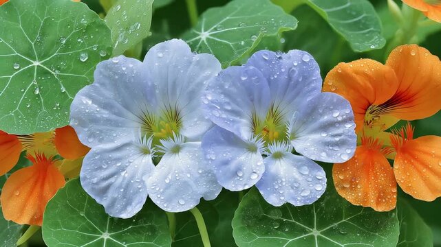 Vibrant Nasturtium Flowers with Fresh Raindrops on Petals and Leaves, Close Up in Garden.