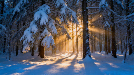 Sunlight penetrating through snow covered forest with light beam effect © Kai Zhao