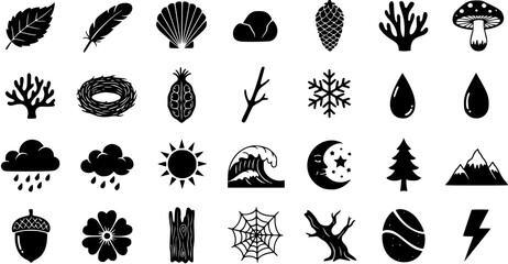 Nature Elements Glyph Icons Set - Black and White Collection of Natural Objects and Environmental Phenomena © larasati