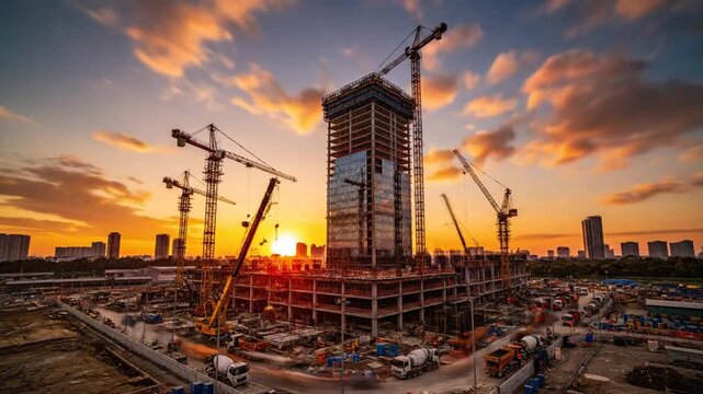 Construction site time lapse during sunset, cranes and building work, a beautiful skyline view