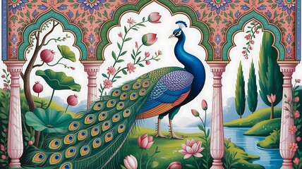 Mughal Floral Pattern with Peacock Motifs and Architectural Elements for Invitation Background
