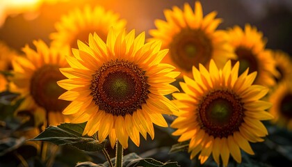 Obraz premium Close-up of vibrant yellow blooms, illuminated by golden sunlight, growing in a field