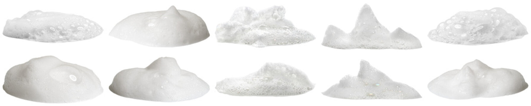 diverse white foam, suds, and bubbles showcasing various shapes and textures, isolated on a deep transparent background. studio photograph.