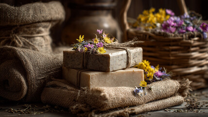 Handmade herbal soap bars tied with twine, resting on burlap with wildflowers