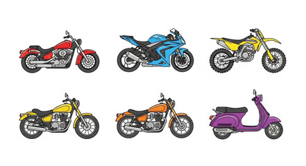 Obraz premium Collection of diverse motorcycles and scooter illustrations.