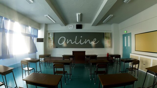 Empty Classroom With Online Written On Blackboard