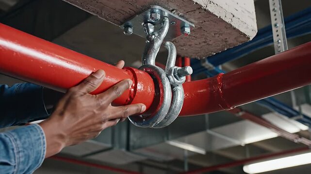 Worker installing red fire suppression pipe in industrial building