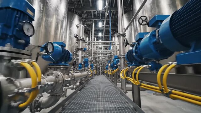 Massive industrial corridor lined with stainless steel tanks and blue electric motors, perfect for showcasing modern manufacturing and chemical processing infrastructure.