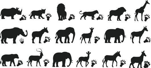 Safari animal silhouette set lion elephant giraffe rhino isolated white background wildlife vector illustration collection © Tanjimul
