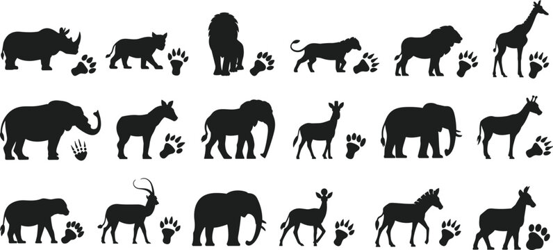 Safari animal silhouette set lion elephant giraffe rhino isolated white background wildlife vector illustration collection