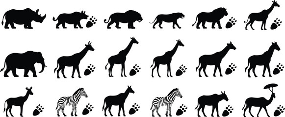 African animal silhouette collection lion elephant giraffe zebra rhino isolated white background safari wildlife vector illustration set © Tanjimul