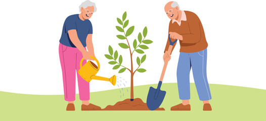 Elderly Couple Gardening Vector Illustration of Seniors Planting and Watering