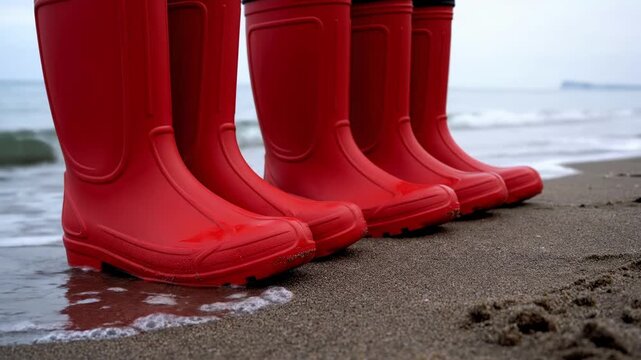 Red rubber rain boots lined up on a sandy beach with ocean waves