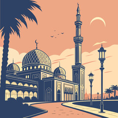 Islamic mosque with minaret and domes at soft dusk © MST SAHIDA  BEGUM 