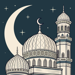 Mosque domes and minaret under crescent moon stars © MST SAHIDA  BEGUM 