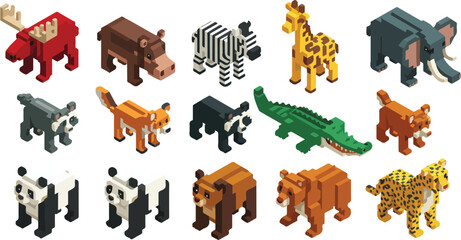 Voxel Isometric Wild Animal Vector Set for Pixel Art Game Graphics