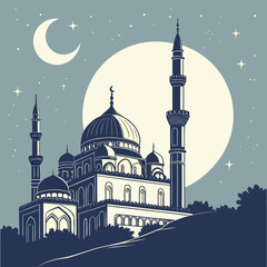 Mosque silhouette with minarets and domes under night sky with moon © MST SAHIDA  BEGUM 