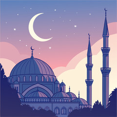 Mosque skyline with domes minarets and crescent moon at dusk © MST SAHIDA  BEGUM 