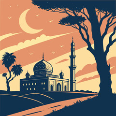 Mosque with minaret and dome under crescent moon tree © MST SAHIDA  BEGUM 