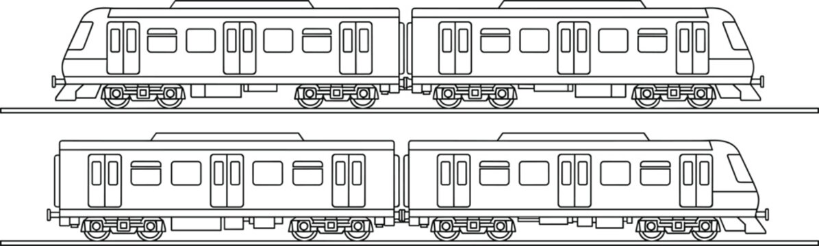 Modern passenger train side view icons representing railway transportation metro subway travel vector illustration outline design