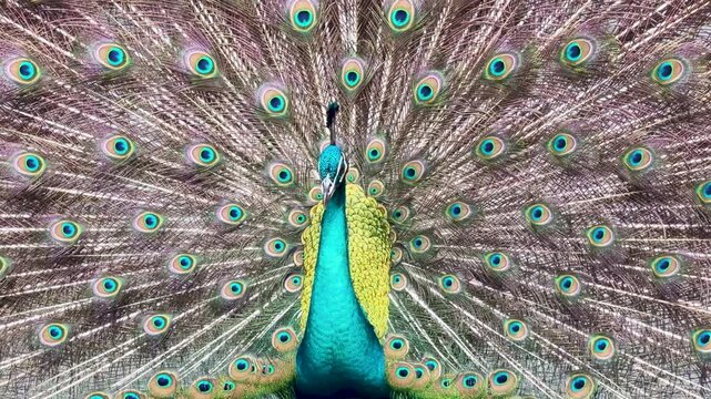 Male Indian Peacock Displaying Vibrant Iridescent Tail Feathers in Full Fan