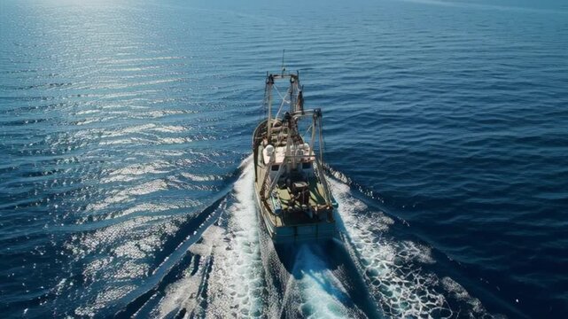 a fishing boat in the sea of turkey. Flying over a Commercial Fishing Ship that Pulls Trawl Net. Shot on Camera in 4K (UHD).