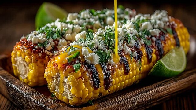Mouthwatering Grilled Elote Mexican Street Corn with Feta Cheese, Cilantro, and Chili Spice.