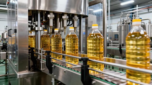 Cooking oil bottles on industrial conveyor belt line. 4K Video
