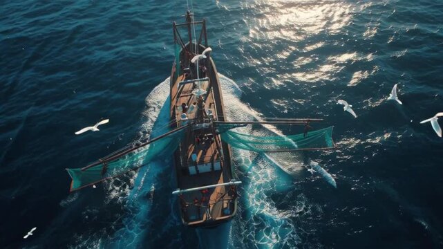 a fishing boat in the sea of turkey. Flying over a Commercial Fishing Ship that Pulls Trawl Net. Shot on Camera in 4K (UHD).