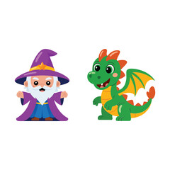 Wizard and dragon friends for halloween carnival posters, fantasy cosplay session graphics, childrens storytime event branding, magical party vector