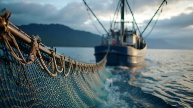 a fishing boat in the sea of turkey. Flying over a Commercial Fishing Ship that Pulls Trawl Net. Shot on Camera in 4K (UHD).