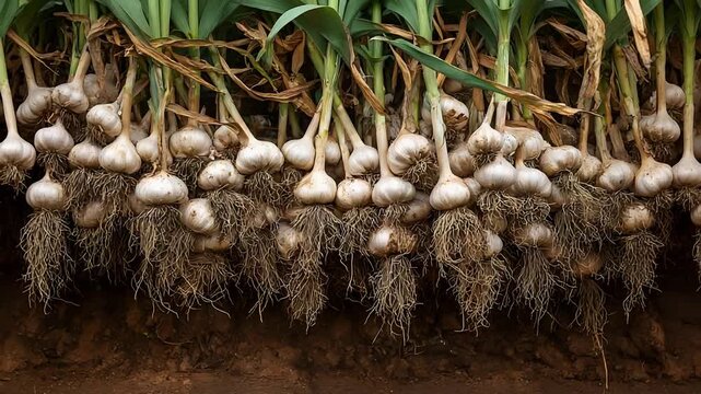 Freshly harvested garlic bulbs with long roots and green leaves hanging, showing organic farm produce.