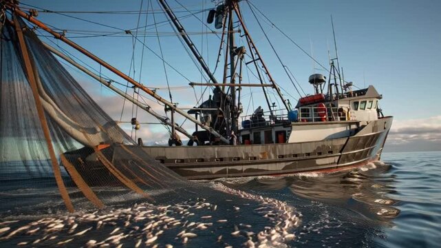 a fishing boat in the sea of turkey. Flying over a Commercial Fishing Ship that Pulls Trawl Net. Shot on Camera in 4K (UHD).