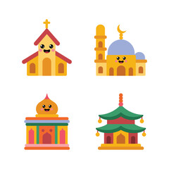 Obraz premium Cute temple buildings vector set with chapel, mosque dome, pagoda roof, smiling shrine, culture festival poster, classroom decor, travel icons