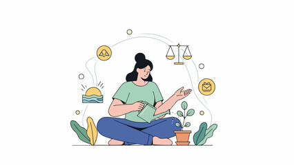 A woman sits cross-legged with a plant and scales