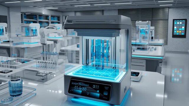 Futuristic bioprinting research lab concept, high-precision scientific tools, organized and minimal design, modern healthcare technology aesthetic