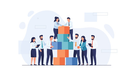 Obraz premium Teamwork building a tower of blocks, concept for collaboration and success