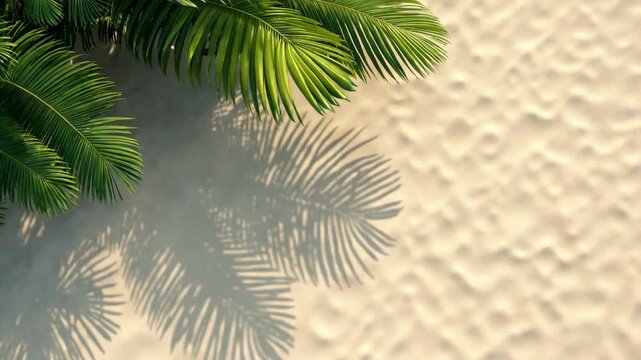 Summer beach day scene with tropical palms shadow on sand background. Minimal sunlight tropical flat lay arrangement..