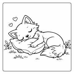 Fototapeta premium Cute Fox Resting Coloring Book: A charming cartoon fox finds comfort resting on a pillow, surrounded by delicate hearts and grass, embodying tranquility and peace.
