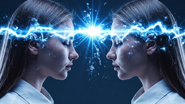 Two mirrored women connected by glowing energy between their minds, symbolizing telepathy, AI consciousness, neural connection, and futuristic human communication in a cinematic sci-fi scene.
