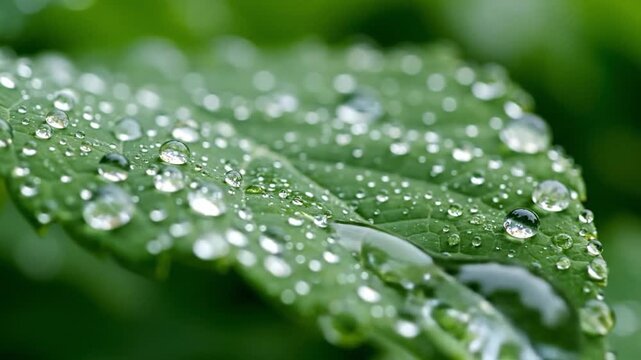 Water Droplets on Green Leaf Macro View.