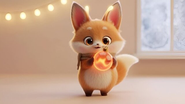 cute fantasy fox holding glowing magic orb cozy winter illustration magical animal character, cute fantasy fox character, magical animal illustration, cozy winter fantasy art