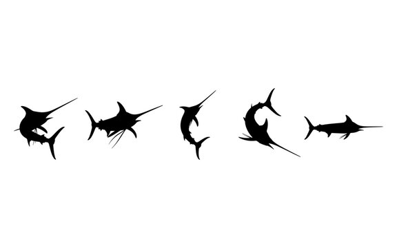 Dynamic Black Marlin and Sailfish Silhouettes Set Vector Icons