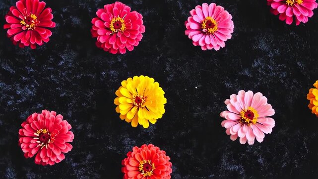 Colorful zinnia flowers on dark background