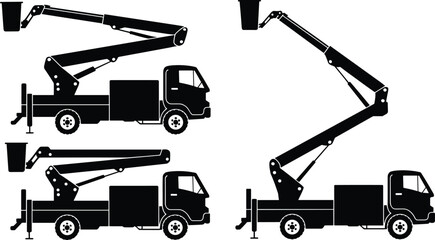 Bucket truck cherry picker silhouette vector set showing articulated boom lift vehicles isolated for construction maintenance utility service design © rakib's world