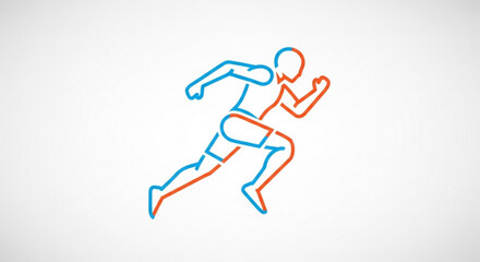 Dynamic illustration of a runner in motion with blue and red outline on white background conveying energy and movement